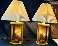 Vintage 2-Oak Wood Smoked Glass Gold Metal Retro Table Lamps 3 Lights picture