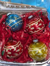 Vintage Shiny Brite 4 Christmas Ornaments Mica Stencil Stripes Stars  Snowflakes picture