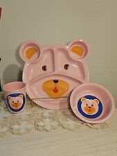 Vintage Melamine G.E.T Childrens Baby Plate Bowl Cup Pink Teddy Bear 3 Piece Set picture