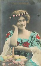 C-1910 Pretty Lady Easter Eggs Guady hand tint RPPC Photo Postcard 21-3598 picture