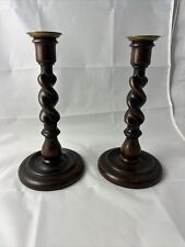 Pair Antique 10” English Oak Barley Twist Candlesticks with Brass Tops 1900’s picture