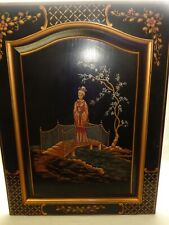 Vtg Habersham Lacquer Chinoiserie Japanese Lady Bridge Wood Painting Wall Decor picture
