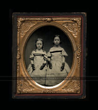 1/6 Ambrotype Young Girls, Sisters, Matching Dress, Long Hair Curls, Lace Gloves picture