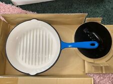 NEW COOKS CAST IRON BLUE ENAMELED 11 .5 ‘ Round Grill PAN  W/PRESS picture
