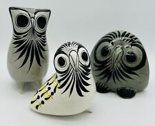 Vtg Set of 3 Tonala Mexican Pottery Folk Art Handpainted Ceramic Owls picture