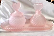 VINTAGE DECO PINK FROSTED SATIN GLASS PERFUME BOTTLES AND TRAY POWDER JAR picture