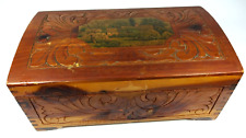 Wooden Cedar Jewelry Box Carved Painted Scene Dovetail Mirror Hinged Lid picture