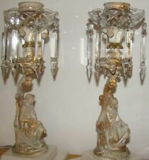 PAIR Hollywood Regency GIRANDOLE PRISM Figural Marble Bronze CANDLE HOLDERS picture