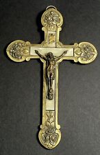 Antique Fancy Brass w Roses & Mother of Pearl Wall Crucifix 6.5