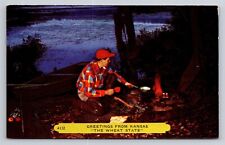 Greetings from Kansas The Wheat State Fisherman Camping Vintage KS Postcard UNP picture