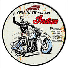 Indian Come In See & Ride Vintage Metal Sign 14 & 18 Round picture