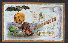 1909 Halloween Postcard B. HOFMANN Series 2097 JOL-Head w/ Moon Ghost & Bat picture
