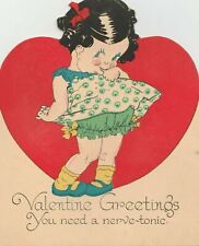 1920s-30s Nerve Tonic Shy Cute Black Hair Girl Crush Flirt Valentine Love Card picture