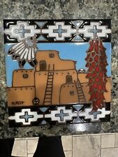 Earthtones Pueblo 8” Southwest Folk Art Handcrafted Ceramic Tile Trivet Chili picture