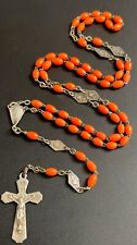 Vintage Orange  Milk Glass Lourdes Medal Rosary, Silver Tone Crucifix, France picture
