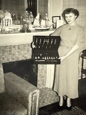 R9 Photograph Pretty 1950's Housewife Showing Off Flatware Utensil Box Interior  picture