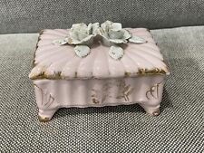 Vintage Pink Ceramic Box w/ Flowers on Top & 2 Ashtrays Inside picture