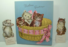 Exceptional - Basket with REMOVABLE Kittens, Cat - 1930's Vintage Greeting Card picture