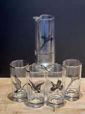 Vtg 4 Tall Tom Collins or Beer Glasses W Pitcher Game Birds & Silver Rims picture