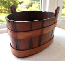 RARE EGG SHAPE Antique Primitive Wood Bucket DARK PATINA TUB BOX COUNTRY HANDLE picture