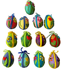 Vintage Set of 13 Felt Covered Easter Eggs Handmade Embroidered Yarn MCM Bright picture