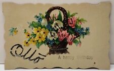 A Happy Birthday OTTO Die-Cut Flower Basket Glitter Decorated German Postcard F5 picture