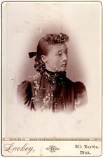 CIRCA 1890s CABINET CARD LACKEY GORGEOUS YOUNG LADY IN DRESS ELK RAPIDS MICHIGAN picture