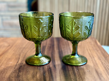 Vintage FTD 1975 Olive Green Glass Goblets/ Vase Raised Oak Leaf Pattern picture