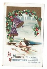 1912 Christmas Postcard Country Scene Stream Holly Bells Snow Germany Embossed picture