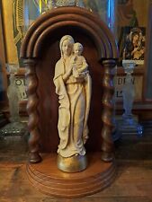 Antique Carved Wood Chapel With Plaster Madonna With Child Jesus Altar Statue picture