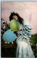 Easter Woman Hugging Large Colorful Egg Bench Germany c1910 postcard FP2 picture