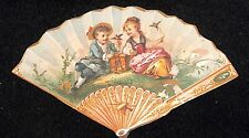 Hand Fan Shaped Die Cut Victorian Trade Card - No Company - Boy Girl Birds Cage picture