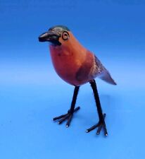Primative Bird Sculpture Folk Art Carved Painted Bird on Metal Yarn Covered Legs picture
