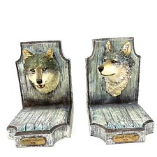 Vintage Wolf Head Book Ends Set By Wildlife Collection Solid Resin Pre Owned  picture