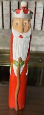 Vintage Pencil Santa Wooden Figurine Crown Handcarved And Painted 11.5” picture