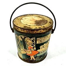 Vintage Canco Queen Of Hearts Litho Hard Candy Tin Pail Nursery Rhyme Wear Rust picture