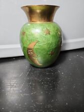 Vintage Brass And Green Vase. Celestial Pattern. picture