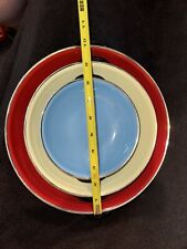 Vintage MCM 3 Piece Enamel Saute Pans Set Red Yellow Blue picture