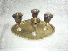 Vintage Brass Mini Chalice Goblet Set of 4 w Hammered Brass Tray picture