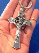 LG St BENEDICT CRUCIFIX Protection Keychain Key Ring Two Sided Silvertone Metal  picture