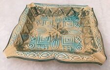 Vintage Ceramic Textured 9” Square Ashtray Sand & Lt Blue Aqua Hippie  Boho picture