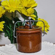 Vintage Stoneware Brown Butter Cheese Crock Jar  Farmhouse Metal Wire Clamp Seal picture