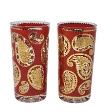 Vintage Culver Red Paisley Glasses 22kt Gold High Ball Drinking Set Of 2 MCM picture