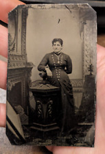 Later 1800s tintype photograph woman in severe dress with military style buttons picture