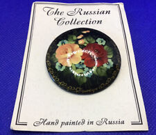 Vtg Russian Fedoskino Lacquer Brooch Pin Hand Painted Flowers Signed in CARD NOS picture