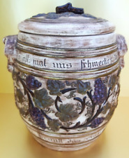 Vintage German Pottery Tobacco Canister Grape Vine Leaves Gold Accents Beautiful picture