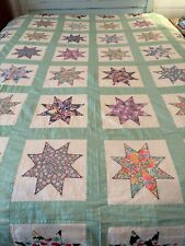 Vintage Handmade Quilt Top 8 Point Star Blocks w/Mint Green Borders  71 x 90 in picture