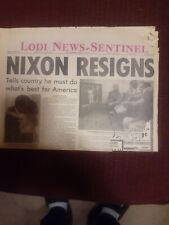 Lodi News Sentinel August 9, 1974, Nixon Resigns, worn and torn, fold to mail picture