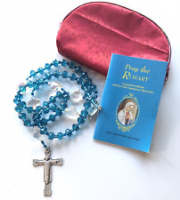 NEW Aqua Blue Crystal Glass Bead Holy Catholic Rosary w/Satin Bag & Prayer Book picture
