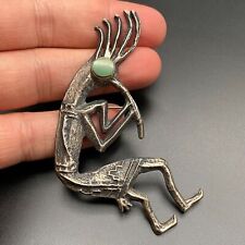 Vintage Navajo Native Turquoise Kokopelli Sandcast Silver Pin Brooch picture